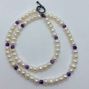 𝅺freshwater Pearl & Amethyst Bead Necklace Silver Tone Toggle Clasp Approx 17”